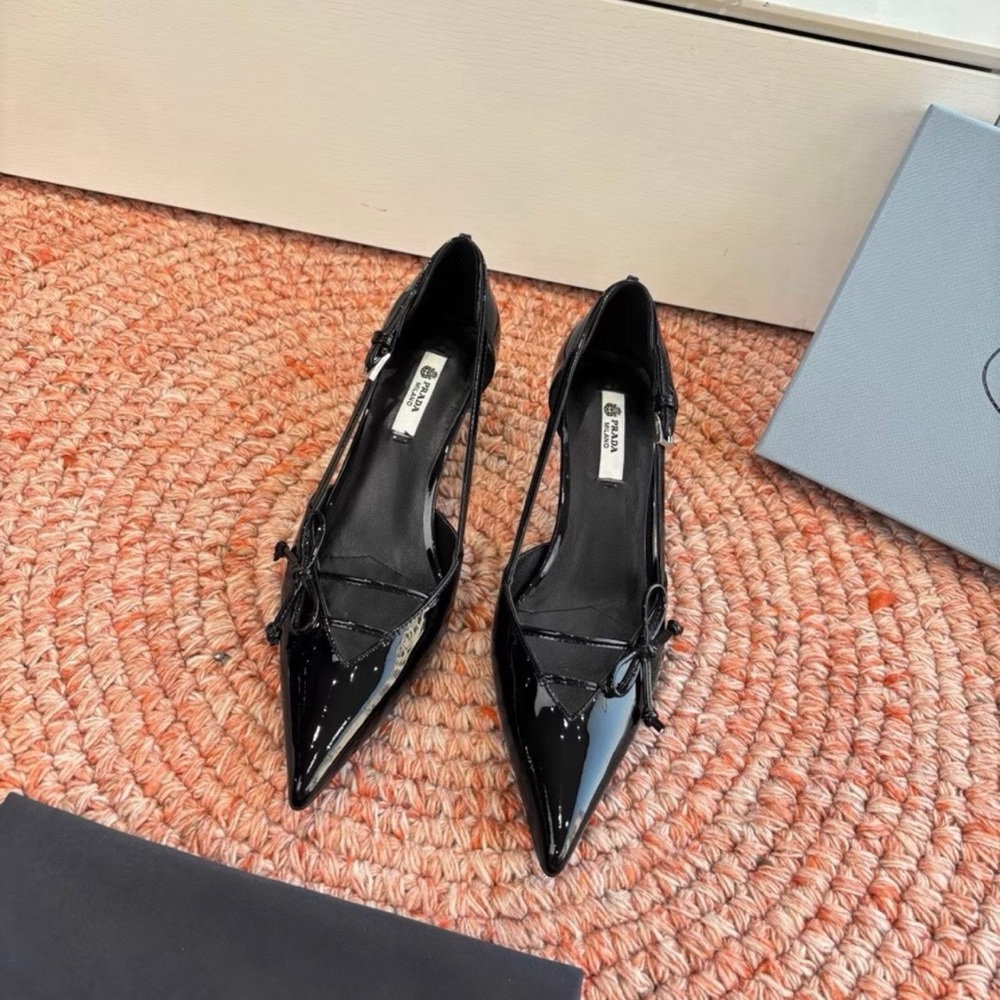 Prada Black Patent Pointed-Toe Slingback Pumps with Bow